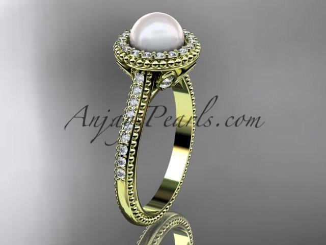 14k yellow gold diamond pearl vine and leaf engagement ring AP101 - AnjaysDesigns