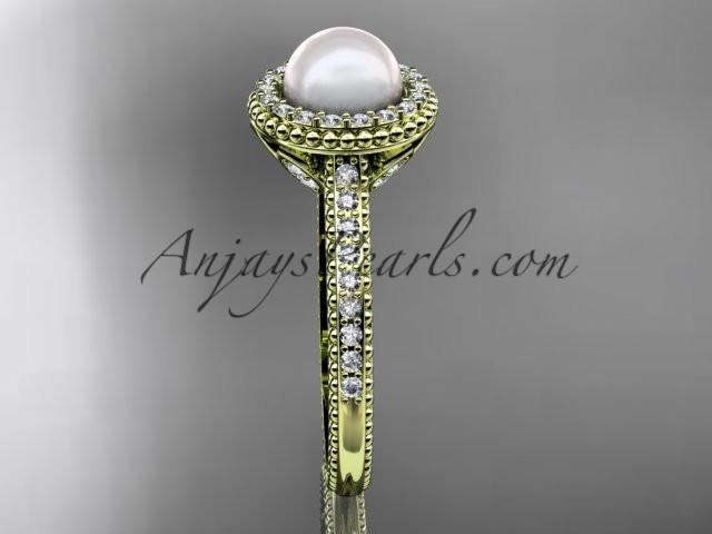 14k yellow gold diamond pearl vine and leaf engagement ring AP101 - AnjaysDesigns