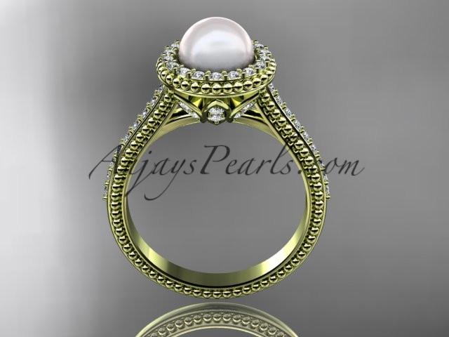 14k yellow gold diamond pearl vine and leaf engagement ring AP101 - AnjaysDesigns