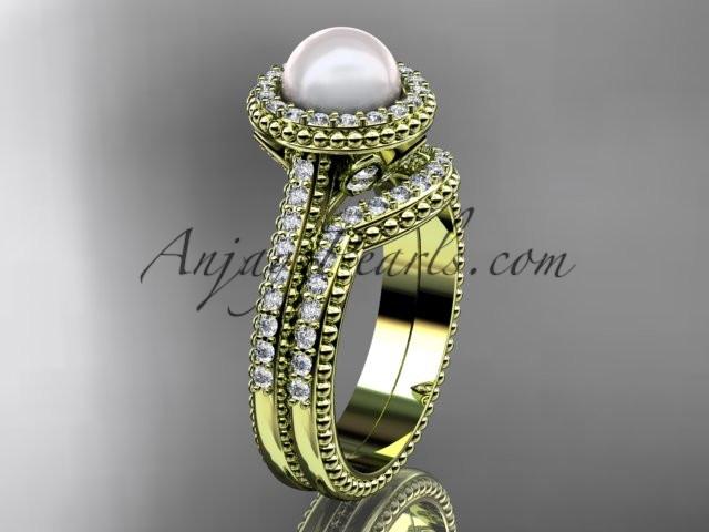 14k yellow gold diamond pearl engagement set AP101S - AnjaysDesigns