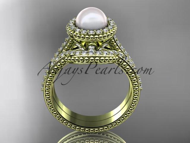 14k yellow gold diamond pearl engagement set AP101S - AnjaysDesigns