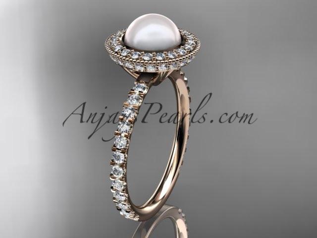 14k rose gold diamond pearl vine and leaf engagement ring AP106 - AnjaysDesigns