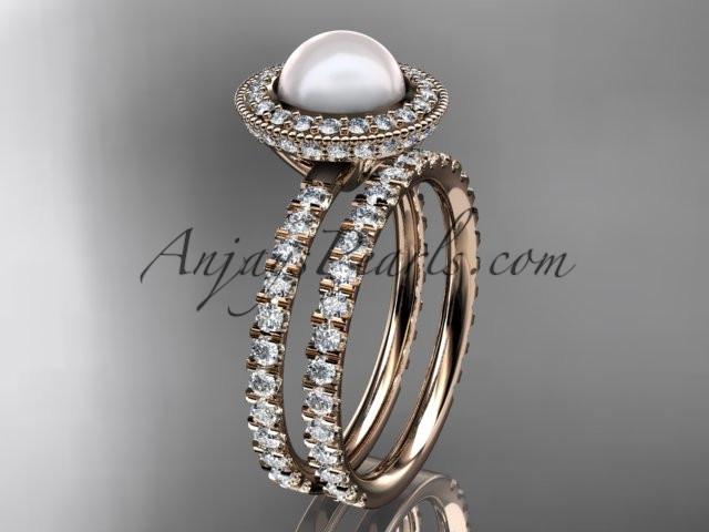 14k rose gold diamond pearl vine and leaf engagement set AP106S - AnjaysDesigns