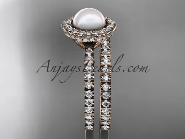 14k rose gold diamond pearl vine and leaf engagement set AP106S - AnjaysDesigns