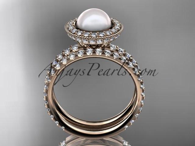 14k rose gold diamond pearl vine and leaf engagement set AP106S - AnjaysDesigns