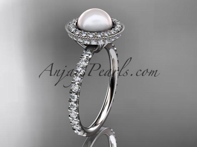 platinum diamond pearl vine and leaf engagement ring AP106 - AnjaysDesigns