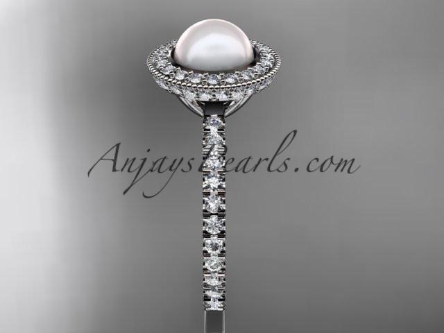 14k white gold diamond pearl vine and leaf engagement ring AP106 - AnjaysDesigns