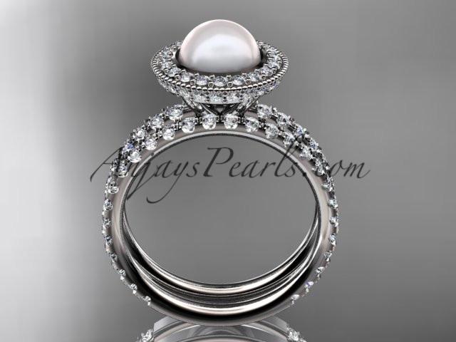 platinum diamond pearl vine and leaf engagement set AP106S - AnjaysDesigns