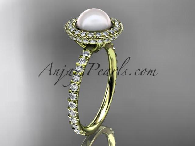 14k yellow gold diamond pearl vine and leaf engagement ring AP106 - AnjaysDesigns