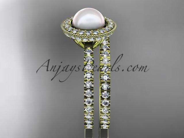 14k yellow gold diamond pearl vine and leaf engagement set AP106S - AnjaysDesigns