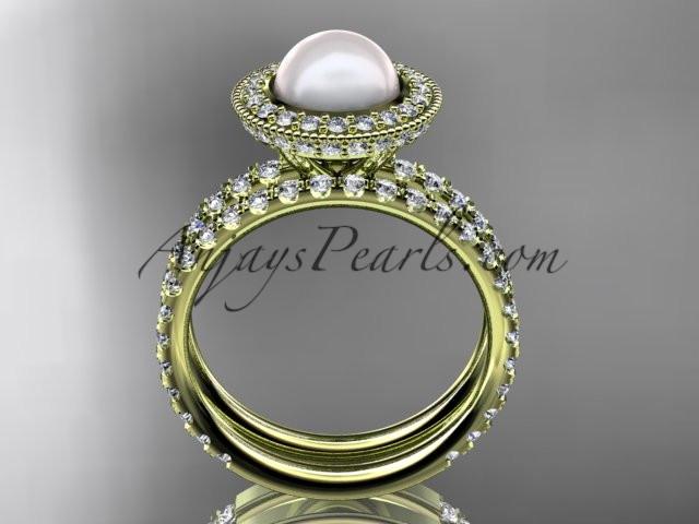 14k yellow gold diamond pearl vine and leaf engagement set AP106S - AnjaysDesigns