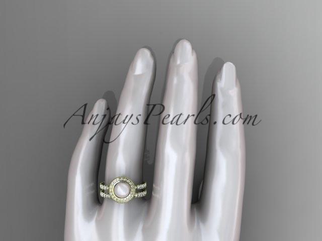 14k yellow gold diamond pearl vine and leaf engagement set AP106S - AnjaysDesigns