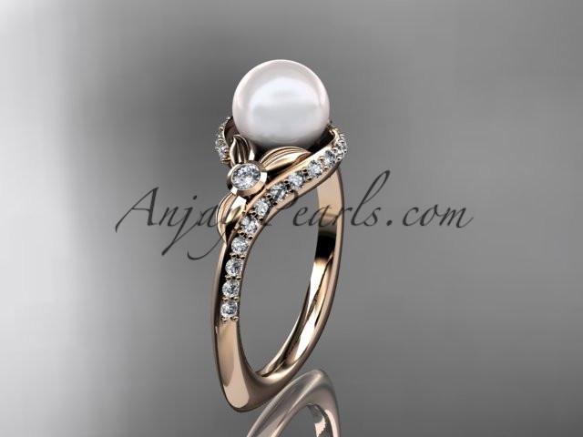14k rose gold diamond pearl vine and leaf engagement ring AP112 - AnjaysDesigns