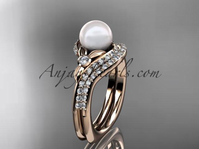 14k rose gold diamond pearl vine and leaf engagement set AP112S - AnjaysDesigns