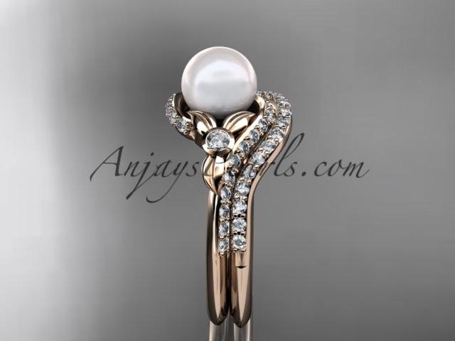 14k rose gold diamond pearl vine and leaf engagement set AP112S - AnjaysDesigns
