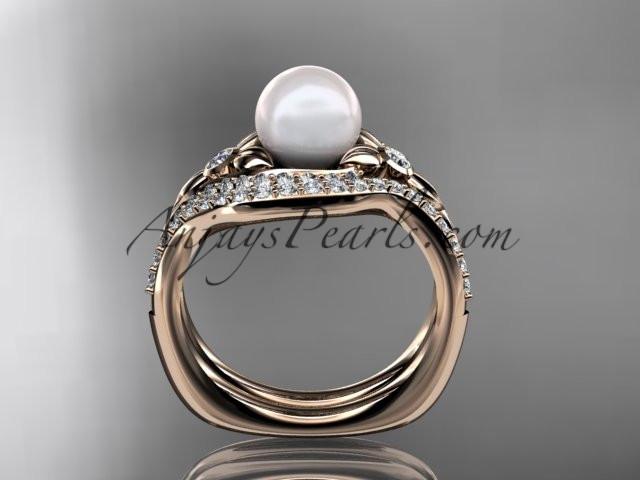 14k rose gold diamond pearl vine and leaf engagement set AP112S - AnjaysDesigns