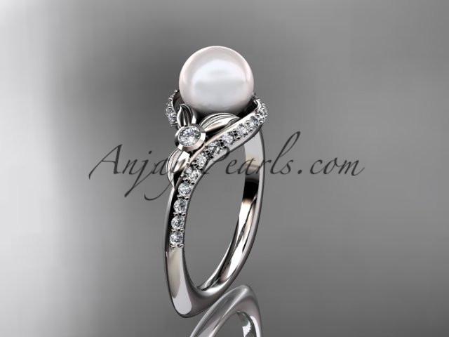 14k white gold diamond pearl vine and leaf engagement ring AP112 - AnjaysDesigns