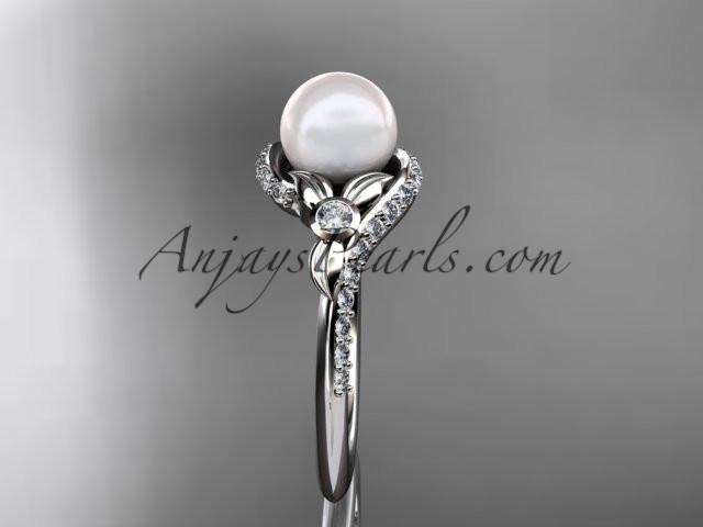 Platinum diamond pearl vine and leaf engagement ring AP112 - AnjaysDesigns