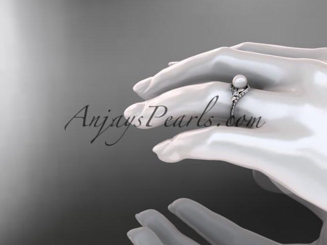 Platinum diamond pearl vine and leaf engagement ring AP112 - AnjaysDesigns