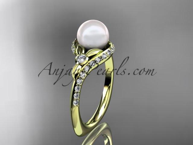 14k yellow gold diamond pearl vine and leaf engagement ring AP112 - AnjaysDesigns