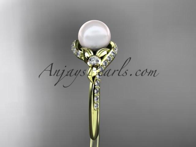 14k yellow gold diamond pearl vine and leaf engagement ring AP112 - AnjaysDesigns