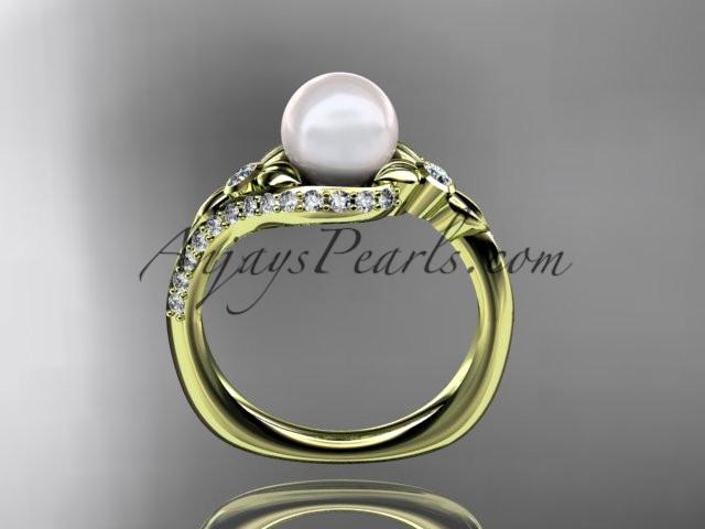 14k yellow gold diamond pearl vine and leaf engagement ring AP112 - AnjaysDesigns