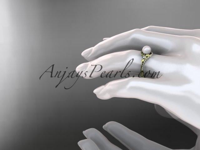 14k yellow gold diamond pearl vine and leaf engagement ring AP112 - AnjaysDesigns