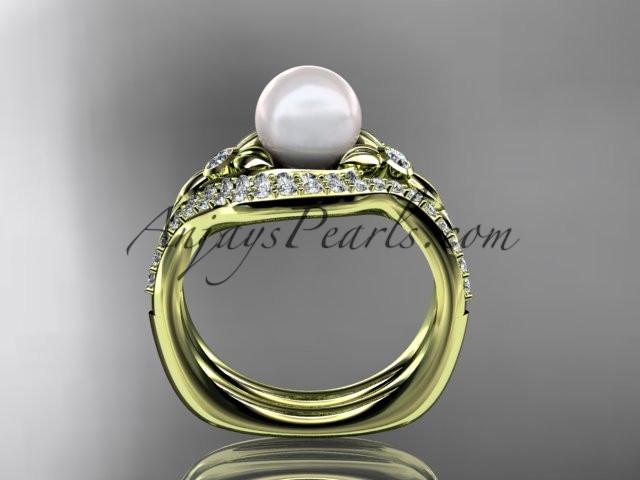 14k yellow gold diamond pearl vine and leaf engagement set AP112S - AnjaysDesigns