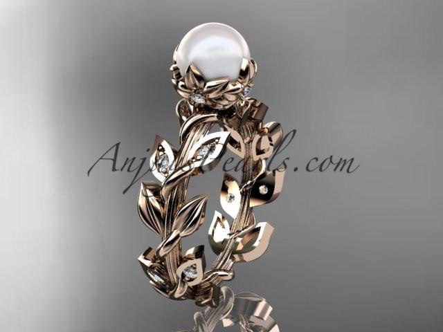 14k rose gold diamond pearl vine and leaf engagement ring AP124 - AnjaysDesigns