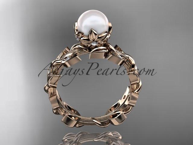 14k rose gold diamond pearl vine and leaf engagement ring AP124 - AnjaysDesigns