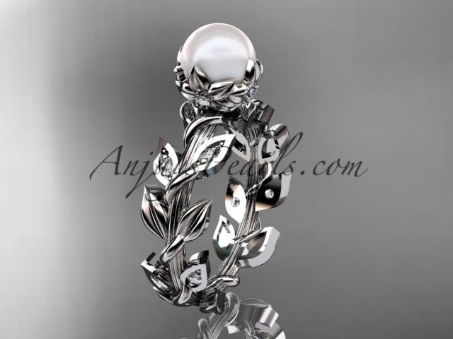 platinum diamond pearl vine and leaf engagement ring AP124 - AnjaysDesigns