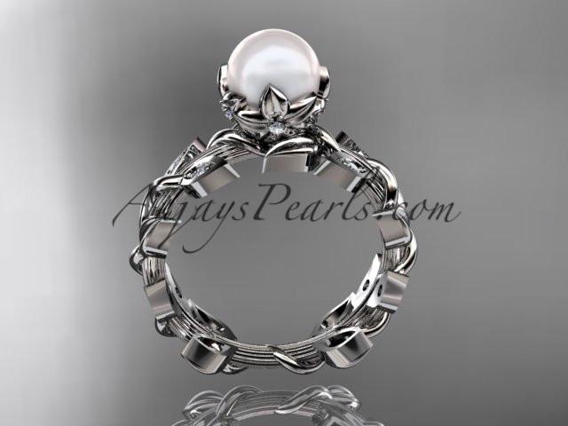 platinum diamond pearl vine and leaf engagement ring AP124 - AnjaysDesigns