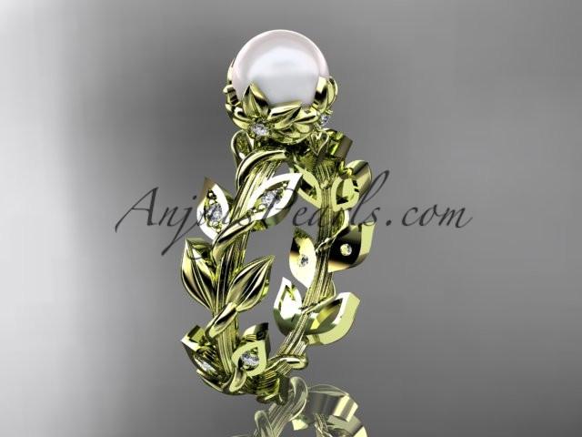 14k yellow gold diamond pearl vine and leaf engagement ring AP124 - AnjaysDesigns