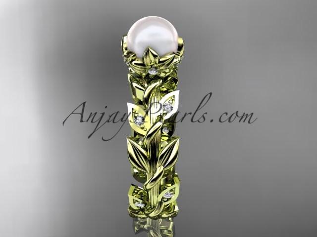 14k yellow gold diamond pearl vine and leaf engagement ring AP124 - AnjaysDesigns