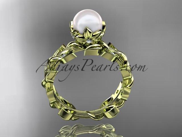 14k yellow gold diamond pearl vine and leaf engagement ring AP124 - AnjaysDesigns