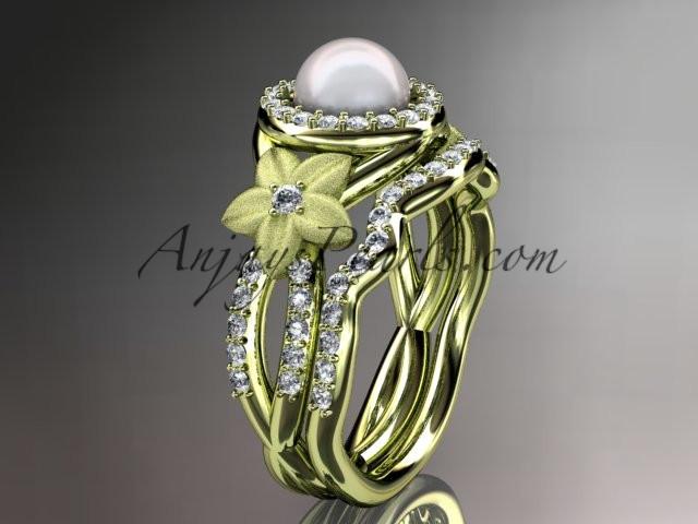 14kt yellow gold diamond floral wedding ring, engagement set AP127S - AnjaysDesigns