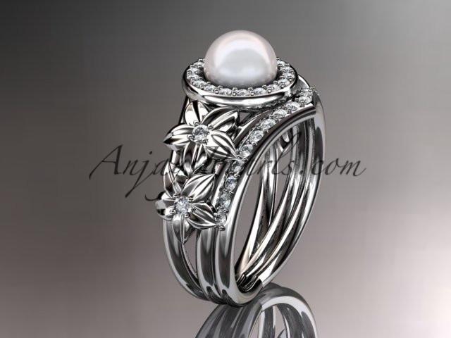 14kt white gold diamond floral wedding ring, engagement set AP131S - AnjaysDesigns