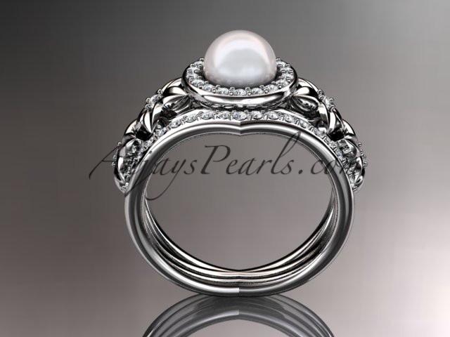 14kt white gold diamond floral wedding ring, engagement set AP131S - AnjaysDesigns