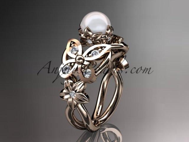 14kt rose gold diamond pearl unique engagement ring, butterfly wedding ring AP136 - AnjaysDesigns