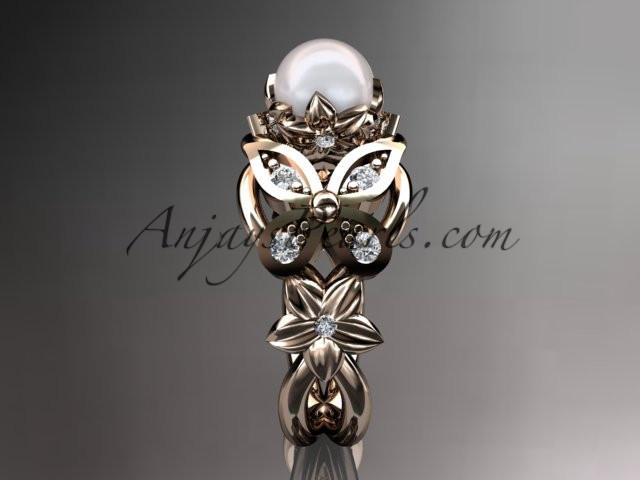14kt rose gold diamond pearl unique engagement ring, butterfly wedding ring AP136 - AnjaysDesigns