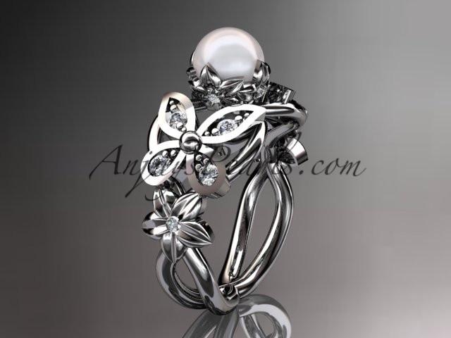 Platinum diamond pearl unique engagement ring, butterfly wedding ring AP136 - AnjaysDesigns
