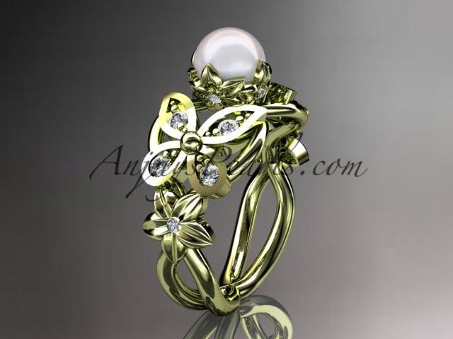 14kt yellow gold diamond pearl unique engagement ring, butterfly wedding ring AP136 - AnjaysDesigns