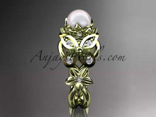 14kt yellow gold diamond pearl unique engagement ring, butterfly wedding ring AP136 - AnjaysDesigns