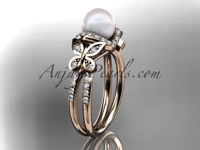 14kt rose gold diamond pearl unique engagement ring, butterfly wedding ring AP141 - AnjaysDesigns
