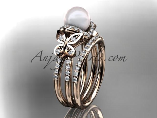 14kt rose gold diamond pearl unique engagement set, butterfly wedding ring AP141S - AnjaysDesigns