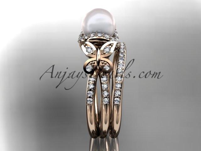 14kt rose gold diamond pearl unique engagement set, butterfly wedding ring AP141S - AnjaysDesigns