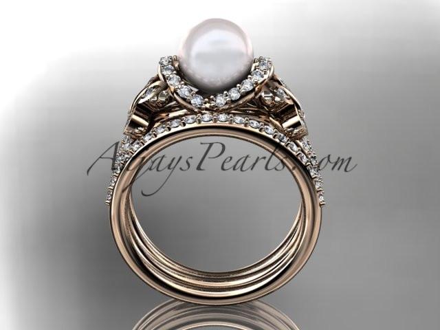 14kt rose gold diamond pearl unique engagement set, butterfly wedding ring AP141S - AnjaysDesigns