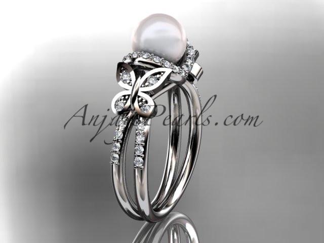 14kt white gold diamond pearl unique engagement ring, butterfly wedding ring AP141 - AnjaysDesigns