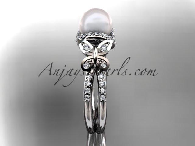 Platinum diamond pearl unique engagement ring, butterfly wedding ring AP141 - AnjaysDesigns