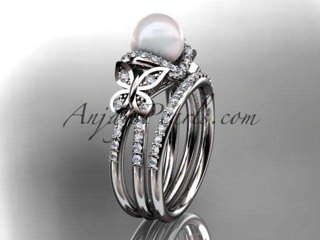 14kt white gold diamond pearl unique engagement set, butterfly wedding ring AP141S - AnjaysDesigns